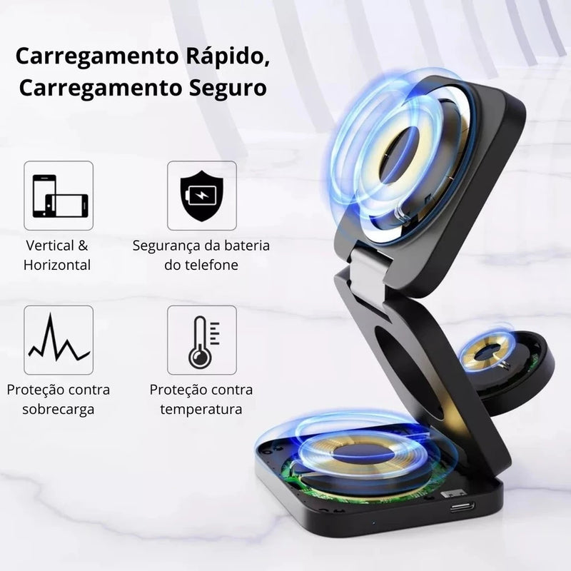 Carregador 3 em 1 Carregamento Por indução Smartphone Smartwatch e Fones de Ouvido 15W