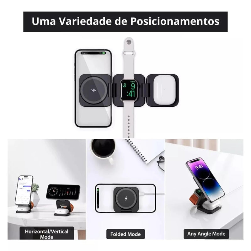 Carregador 3 em 1 Carregamento Por indução Smartphone Smartwatch e Fones de Ouvido 15W